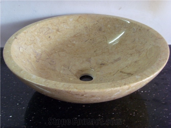 Fargo Beige Yellow Marble Polished Wash Basin Sinks, Round Wash Bowls for Kitchen/Bathroom