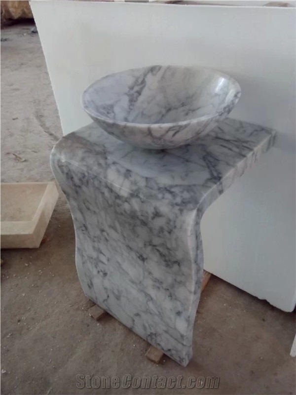 Fargo Bianco Carrara White Marble Pedestal Basins, Bathroom Wash Basin Sink, Polished Basins