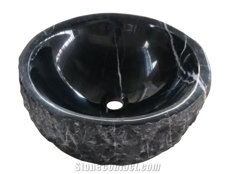 Fargo Black Marquina Marble Sinks, China Marquina Polished + Natural Basins, Negro Marquina Round Wash Bowls