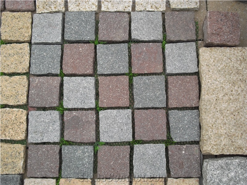 Fargo Flamed/Anti-Slippering Paving on Mesh, Chinese Red Porphyry Exterior Paving Pattern Pavers for Courtyard/Driveway/Garden Stepping/Walkway, China Porphyry Red Granite Cube Stone & Pavers