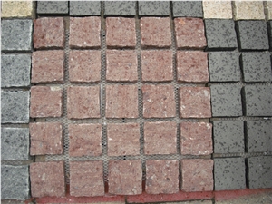 Fargo Flamed/Anti-Slippering Paving on Mesh, Chinese Red Porphyry Exterior Paving Pattern Pavers for Courtyard/Driveway/Garden Stepping/Walkway, China Porphyry Red Granite Cube Stone & Pavers