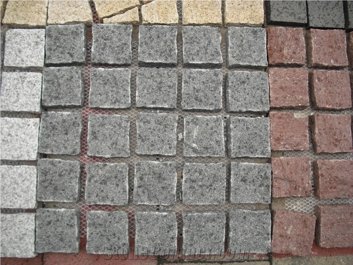 Fargo Flamed Paving Stone on Mesh, Chinese Black G684 Granite Exterior Paving Pattern Cobble Stone for Courtyard/Driveway/Garden Stepping/Walkway, Fuding Black Granite Cobble Stone