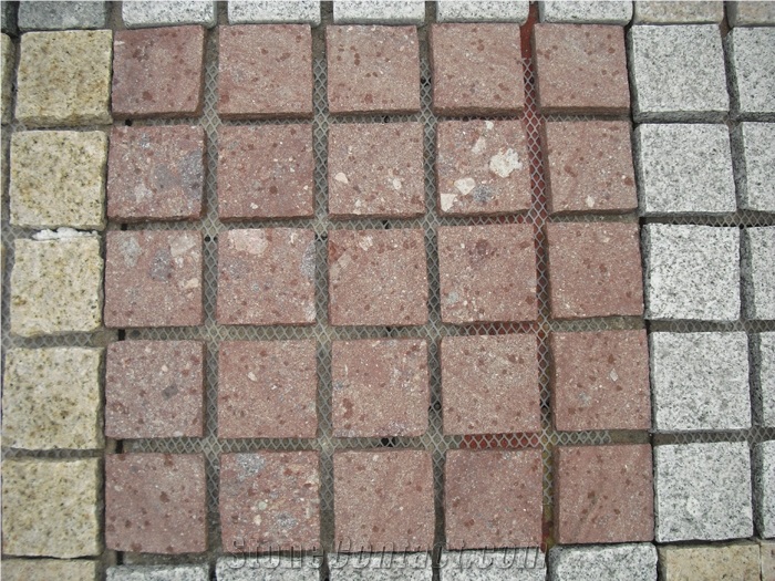 Fargo Natural Face Paving on Mesh, Chinese Red Porphyry Exterior Paving Pattern Pavers for Courtyard/Driveway/Garden Stepping/Walkway, China Porphyry Red Granite Cube Stone & Pavers