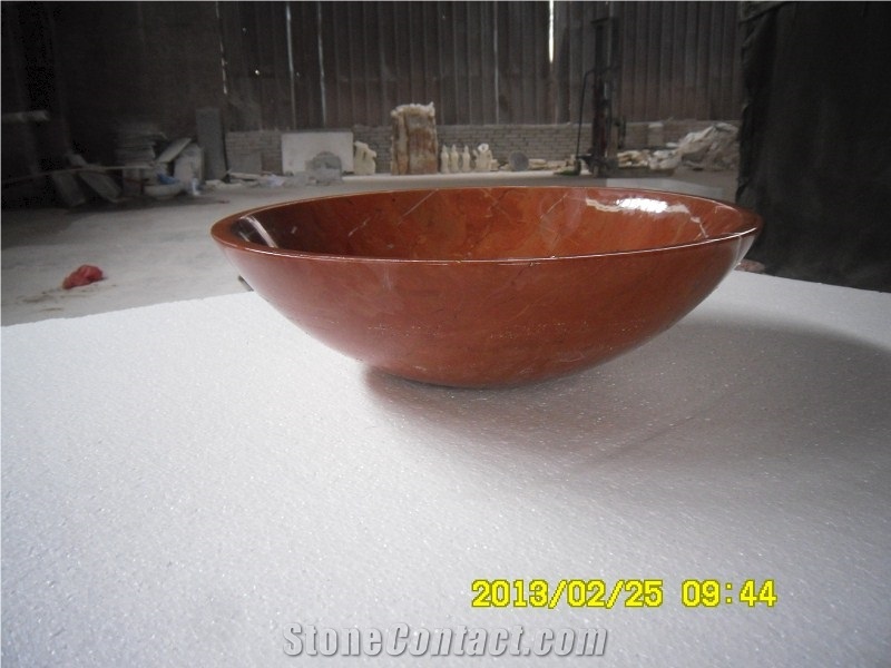Fargo Tea Rosa Marble Round Wash Sink, Murseller Red Marble Wash Bowl for Kitchen/Bathroom, Polished Red Marble Wash Basin