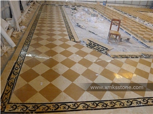 Beige Polished Water-Jet Marble Inlay Floor Pattern for Corridor, Beige Marble Medallion