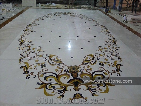 Polished White Marble Water-Jet Medallion Inlay for Lobby, White Background