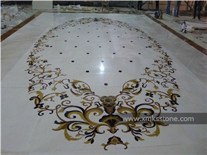Polished White Marble Water-Jet Medallion Inlay for Lobby, White Background