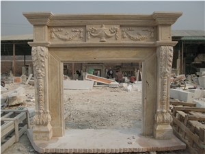 Beige Hand Carved Travertine Fireplace Surround Mantel