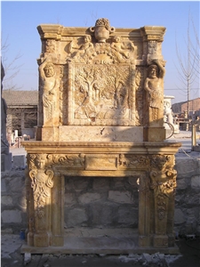 Beige Travertine Hand Carved Travertine Double Fireplace
