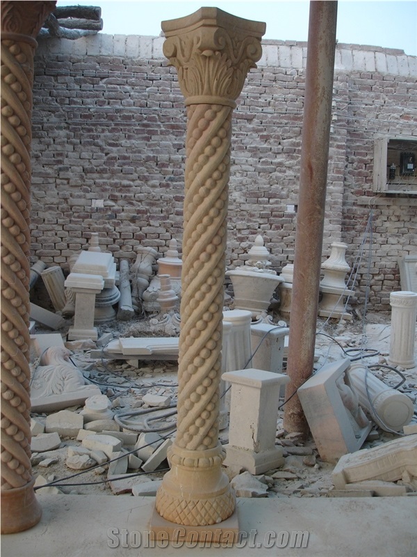 Hand Carved Beige Marble Column Pillar,China Beige Marble