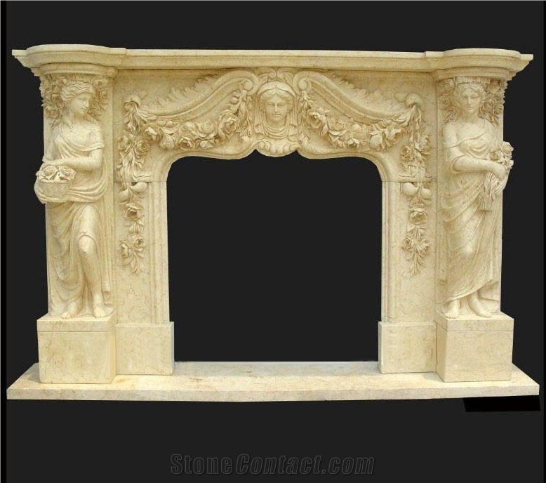 Hand Carved Beige Marble Fireplace Surround