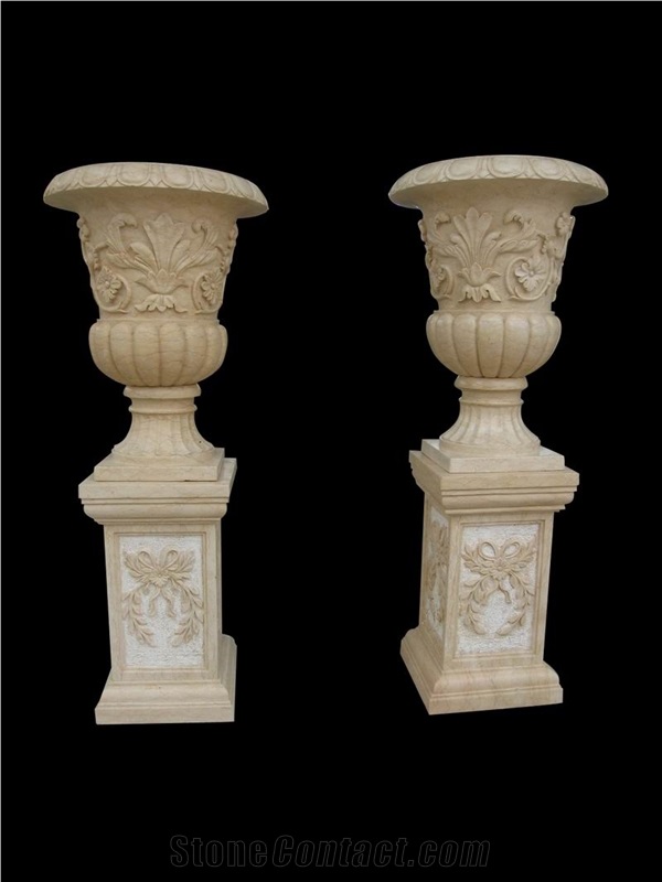 Hand Carved Beige Marble Flowerpot with Pedestal, Turkey Beige Marble Flower Pot