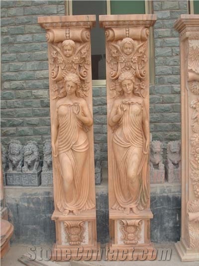 Hand Carved Door Surround with Statue, Beige Travertine Door Surround