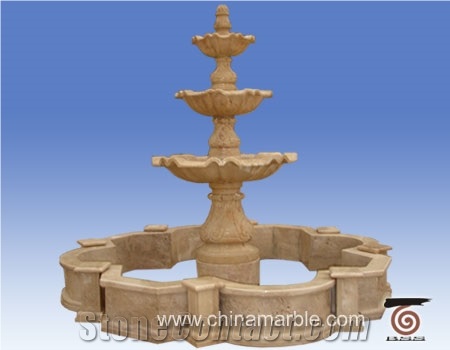 Hand Carved Marble Fountain with Pool Border, Tan Brown Granite Fountain