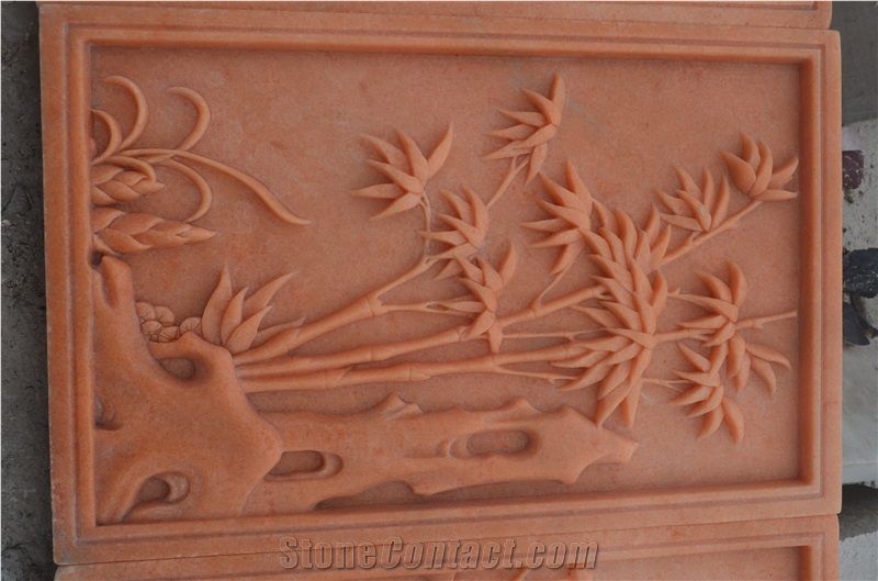 Hand Carved Pink Marble Relief Bamboo