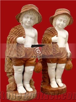 Hand Carved Red Marble & White Marble Child Statue /Human Sculpture