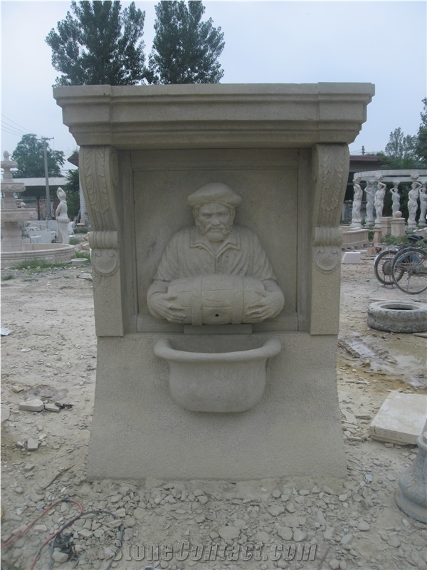 Hand Carved Sandstone Wall Fountain, Beige Sandstone Fountain