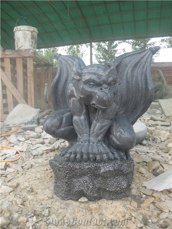 Hand Carved Stone Argoyle Sculpture, Black Limestone Statue