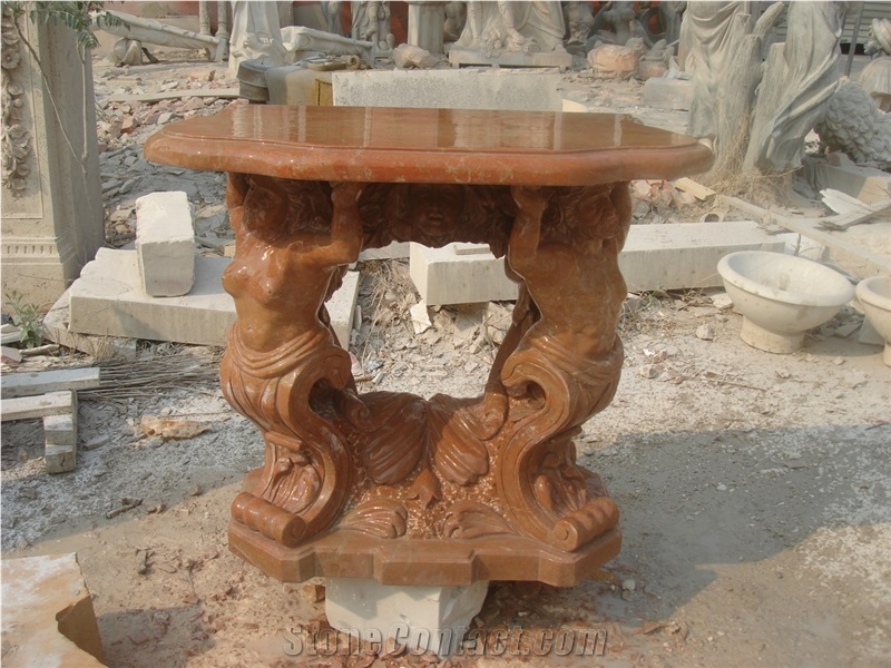 Hand Carved Travertine Table with Sculpture