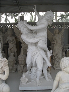 Hand Carved Travertine Western Statue Sculpture, Beige Statues