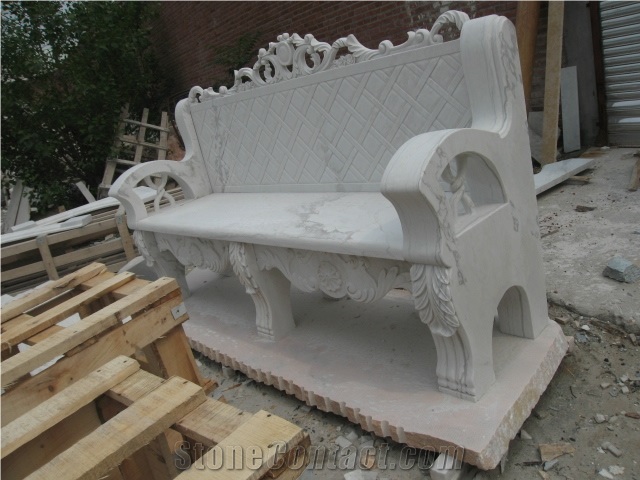 Hand Carved White Marble Bench for Garden