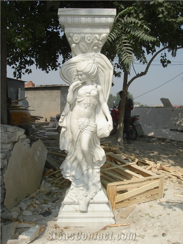 Hand Carved White Marble Column with Statue Sculpture