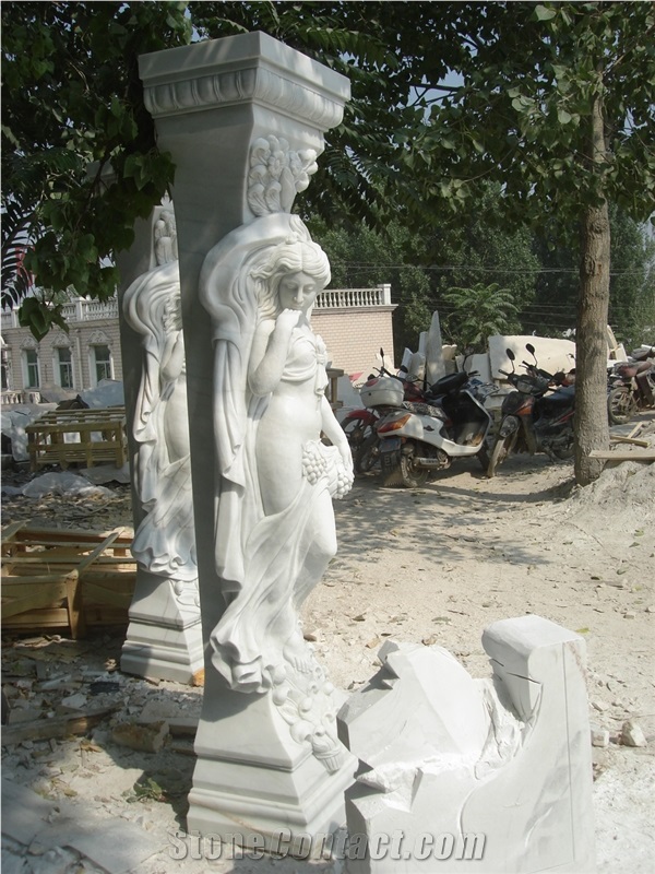 Hand Carved White Marble Column with Statue Sculpture