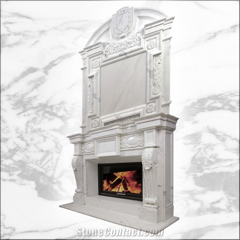Hand Carved White Marble Double Fireplace Surround Mantel