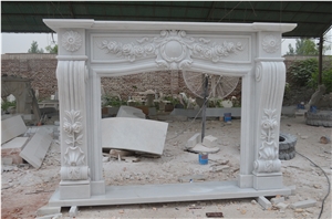Hand Carved White Marble Fireplace Surround Mantel, Jade White Marble Fireplace Surround