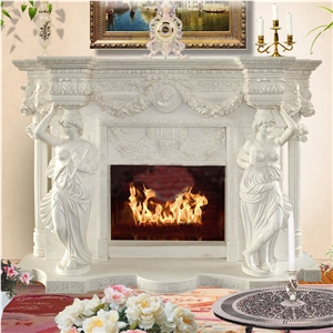 Hand Carved White Marble Fireplace Surround Mantel Statue Hearth