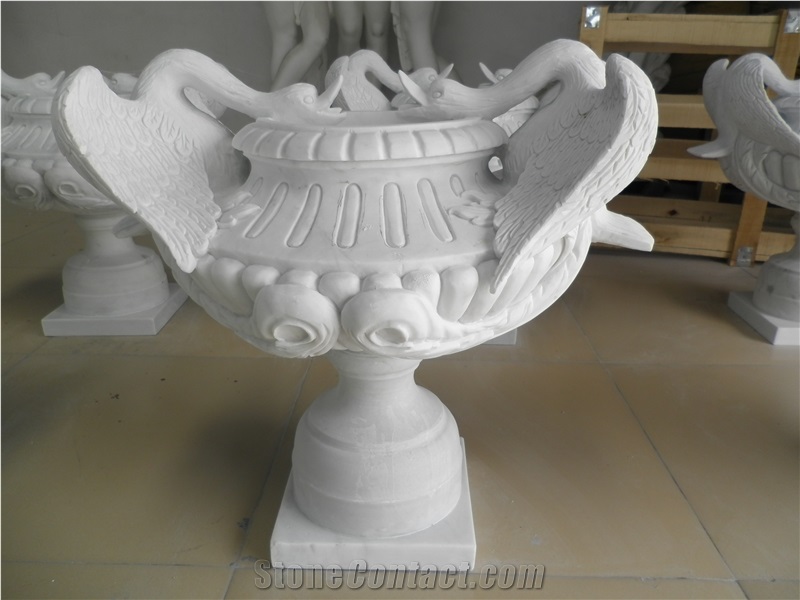 Hand Carved White Marble Flowerpot / Urn, White Marble Flower Pot