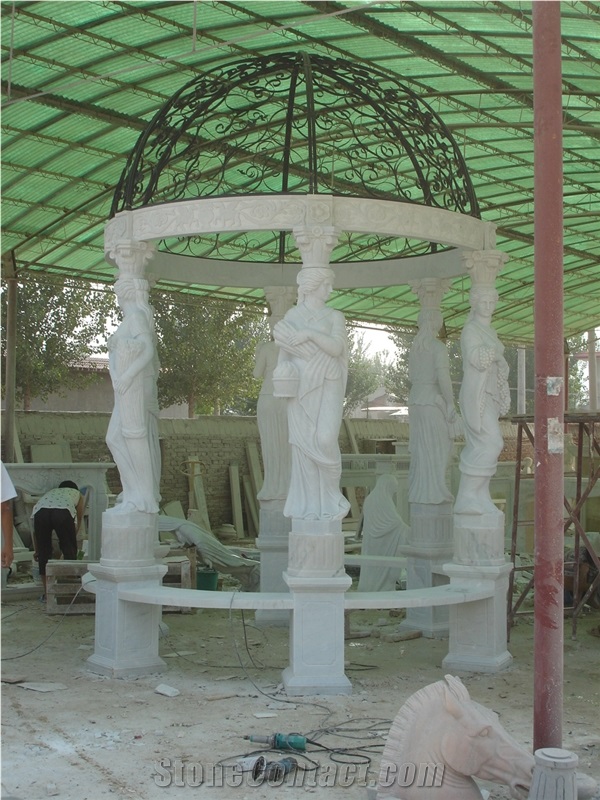 Hand Carved White Marble Gazebo with Statue Design