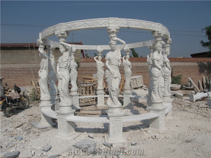 Hand Carved White Marble Gazebo with Statue Design