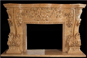 Hand Carved Yellow Marble Fireplace Surround