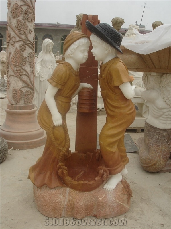 Hand Carved Yellow Marble Fountain with Statue Figure,China Yellow Marble