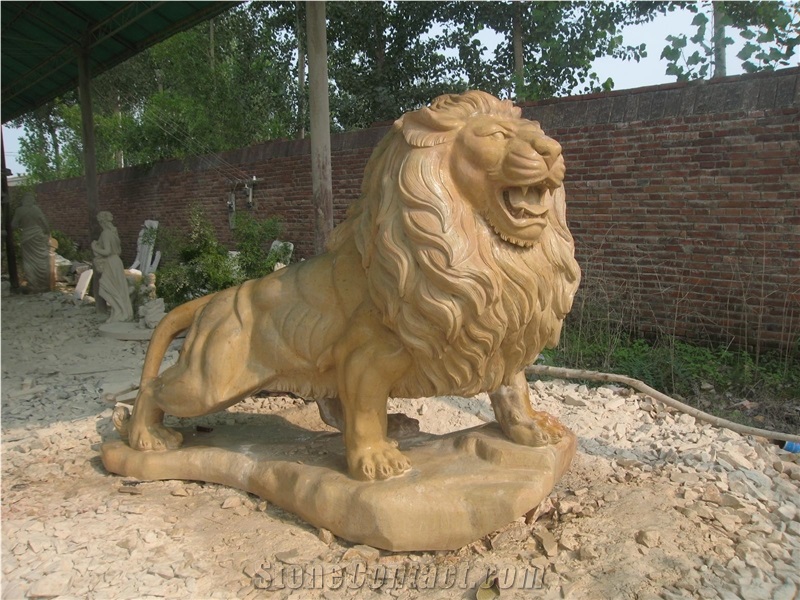 Hand Carved Yellow Marble Lion Statue Garden Sculpture Custom Made