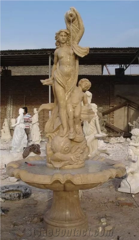 Hand Carved Yellow Marble Pool Fountain