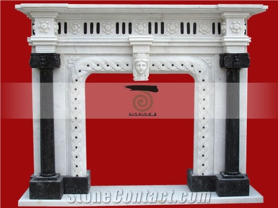 White Marble+Black Marble Hand Carved Column Design Fireplace Mantel