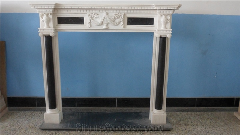 White Marble+Black Marble Hand Carved Column Design Fireplace Mantel