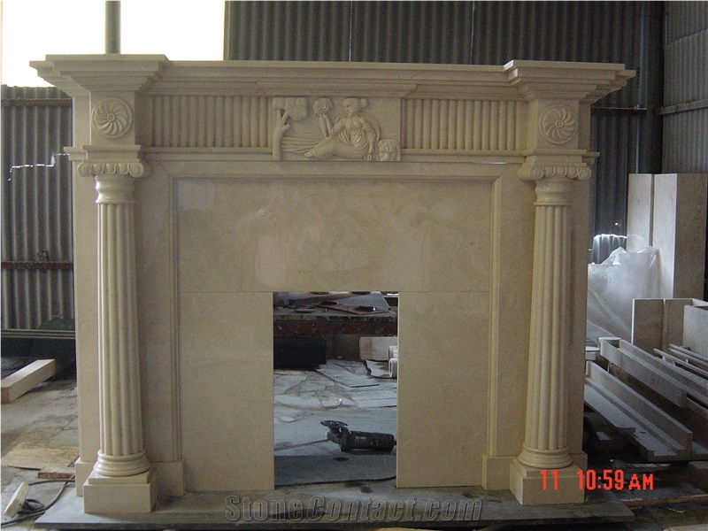 White Marble Fireplace Mantel with Column Design Surround Hearth