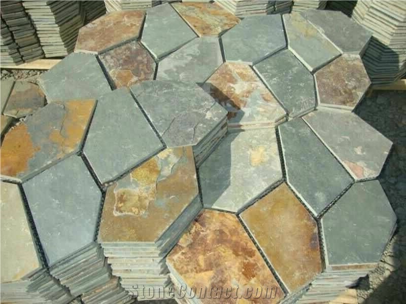 China Multicolor Slate Cobble Stone, Rusty, on Mesh, Walling, Paving, Flooring