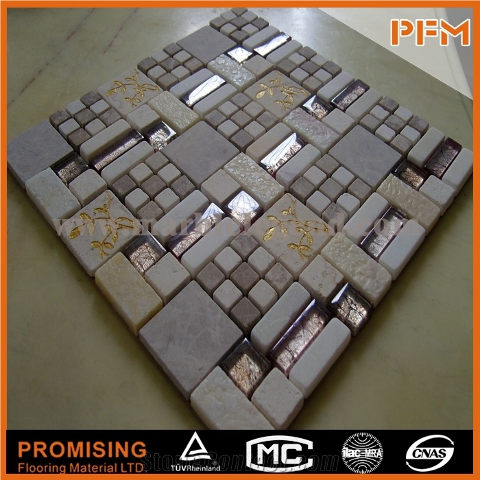 4mm Italy Classical Stone Mix Glass Mosaic Tile Glass Mix Stone Mosaic Tile ,Square Shape Stone Glass Tile