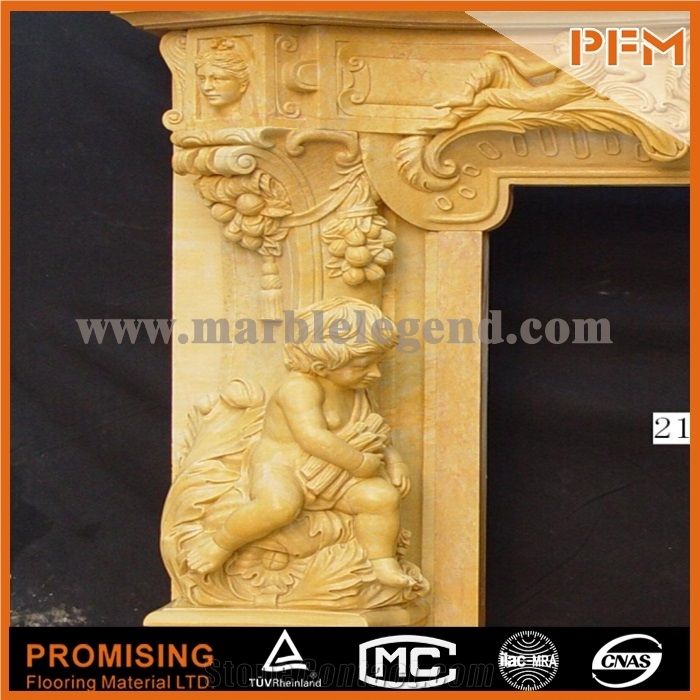 Angel Western & European Customized Figure, Yellow Gandomac Marble Fireplace, Hand Carving Sculptured Fireplace Mantel