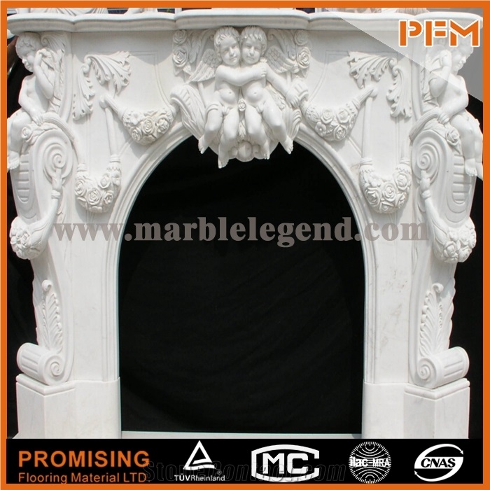 Angel/ White Marble Polished,Hunan White Marble Fireplace,Western / European Customized Figure / Hand Carving Sculptured Fireplace Mantel/China/