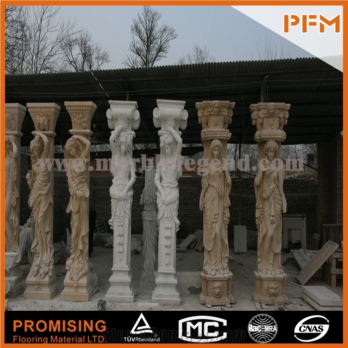 Antique Marble Column Marble Pillar with Ladies Statue, Buff Yellow Sandstone Statues