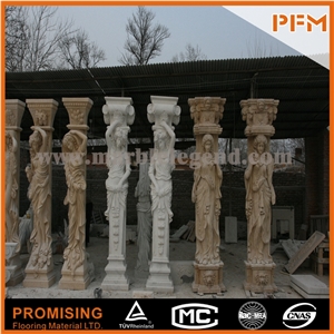 Antique Marble Column Marble Pillar with Ladies Statue, Buff Yellow Sandstone Statues