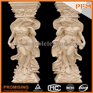 Antique Marble Column Marble Pillar with Strong Man Statue, Buff Yellow Sandstone Statues