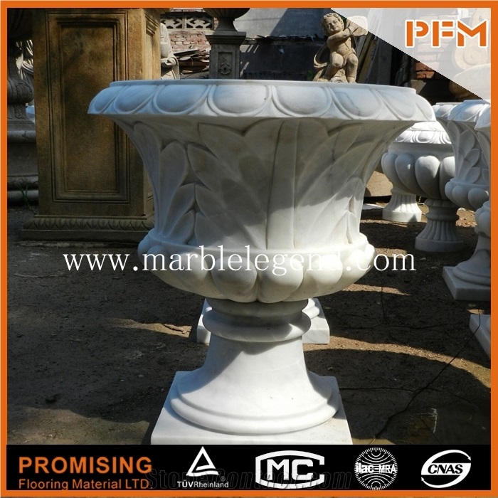 Carved Marble Sculpture Flower Pot,White Marble Flower Pot in Simple Style