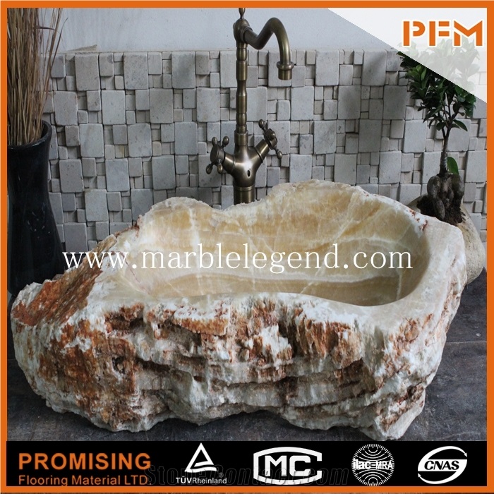China Manufacture Handcarved Stone Yellow Onyx Sinks, Square Granite Stone Bathroom Sink