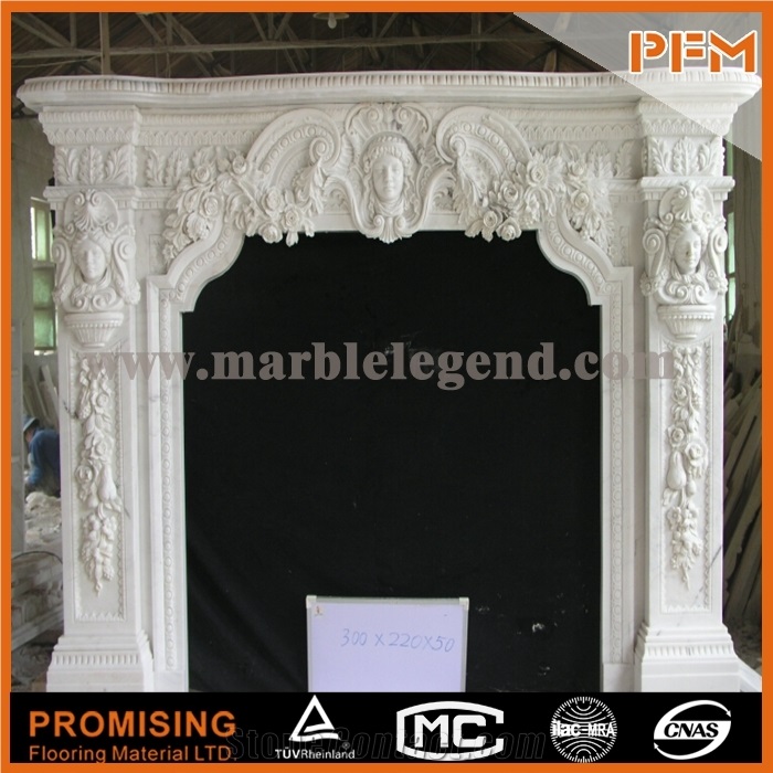 China New Design Hunan White Marble Polished Fireplace, Western & European Customized Figure, Hand Carving Sculptured Fireplace Mantel